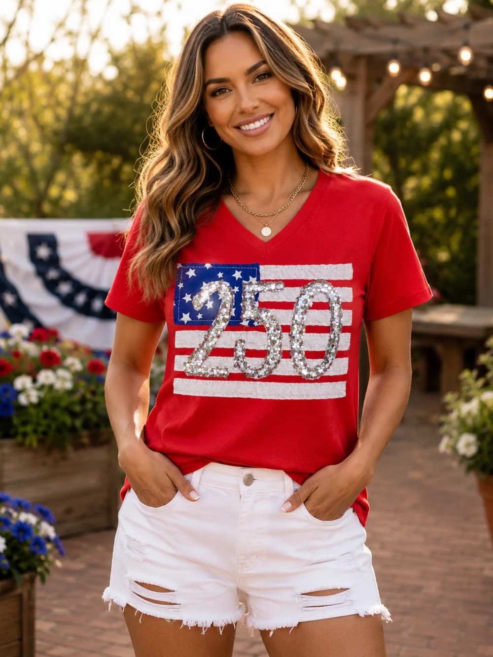 BRAND NEW WITH TAGS Sequin 250 Patriotic V-Neck Tee